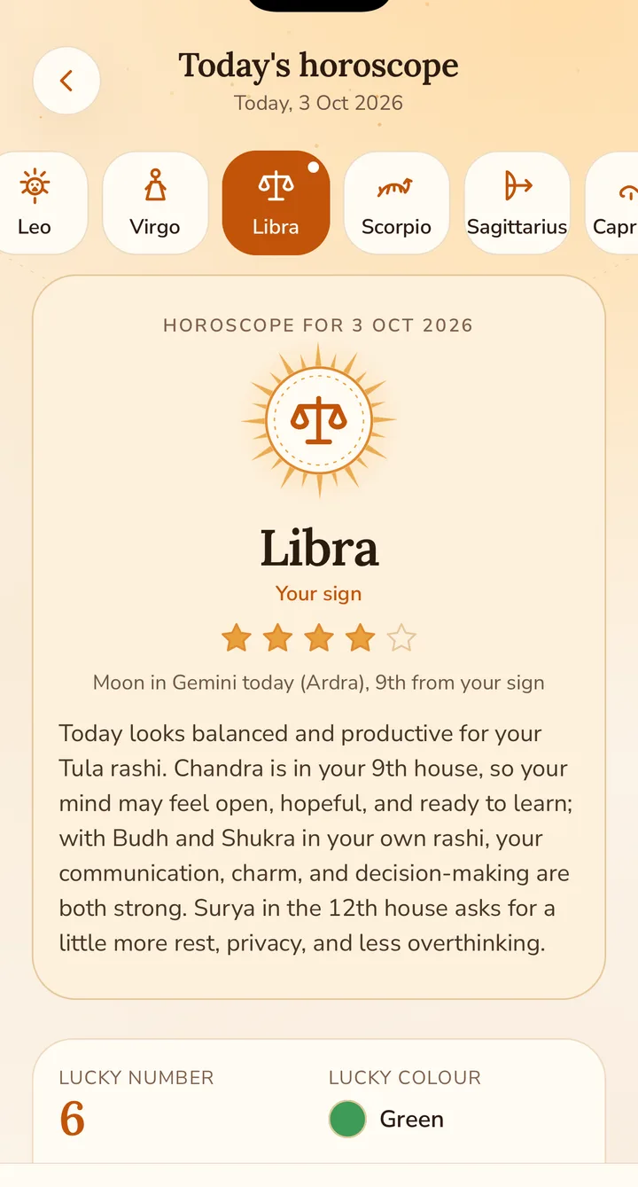 Today's rashifal for Tula with rating, lucky number and colour